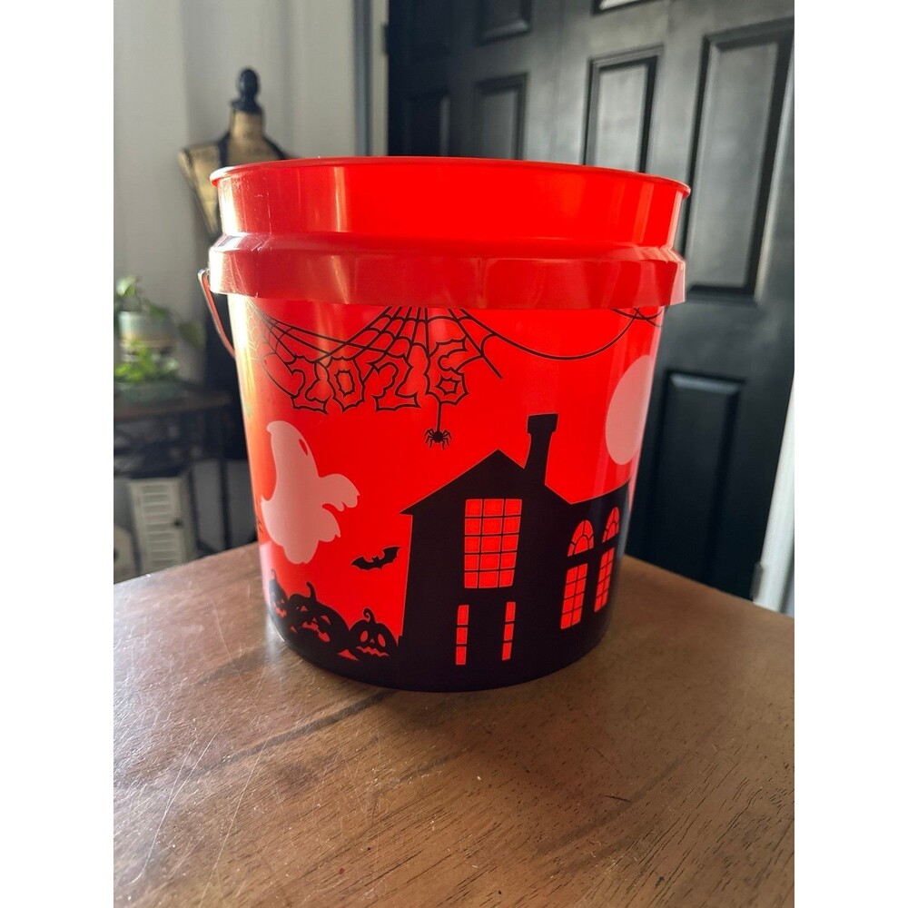 2026 Home Depot Halloween bucket with ghost, pumpkins, and haunted house